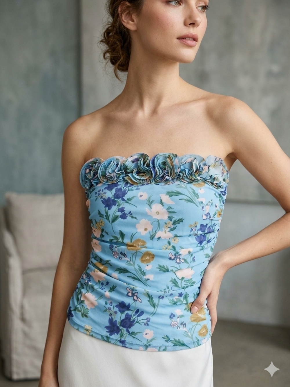 Anthropologie Light Blue Floral Strapless Tube Top - Picture 2 of 4